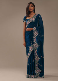 Persian Blue 3D Embroidered Saree In Tissue Silk