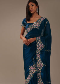 Persian Blue 3D Embroidered Saree In Tissue Silk