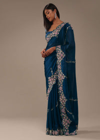 Persian Blue 3D Embroidered Saree In Tissue Silk