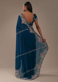 Persian Blue 3D Embroidered Saree In Tissue Silk