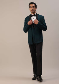 Bottle Green Crystal Studded Tuxedo Set In Polyester