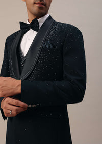 Bottle Green Cut Dana Studded Tuxedo Set In Polyester