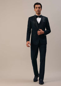 Bottle Green Cut Dana Studded Tuxedo Set In Polyester