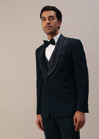 Bottle Green Cut Dana Studded Tuxedo Set In Polyester