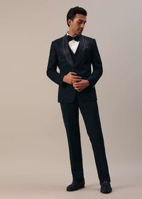 Bottle Green Cut Dana Studded Tuxedo Set In Polyester