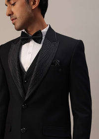 Black Crystal Studded Tuxedo Set In Terry Rayon