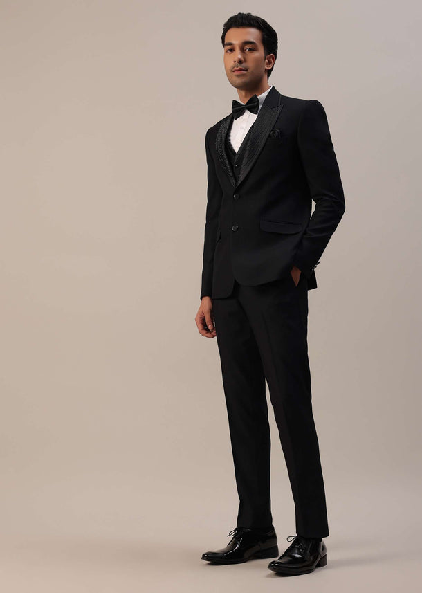 Black Crystal Studded Tuxedo Set In Terry Rayon
