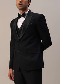 Black Crystal Studded Tuxedo Set In Terry Rayon