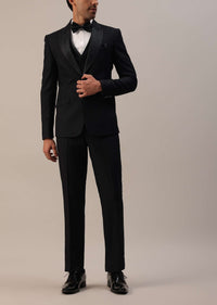 Black Crystal Studded Tuxedo Set In Terry Rayon