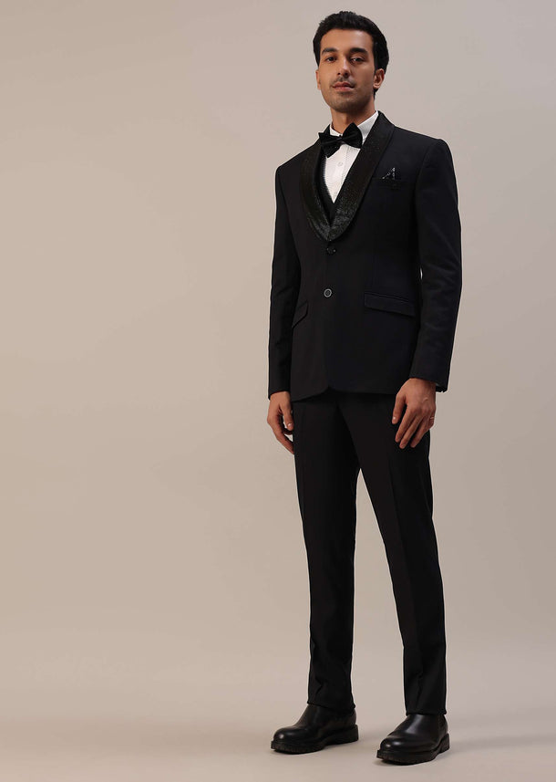 Black Cut Work Embroidered Tuxedo Set In Terry Rayon