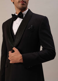 Black Cut Work Embroidered Tuxedo Set In Terry Rayon