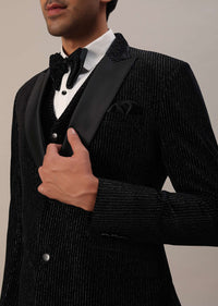 Black Velvet Tuxedo Set With Cut Work Embroidery