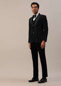 Black Velvet Tuxedo Set With Cut Work Embroidery