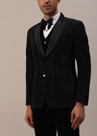 Black Velvet Tuxedo Set With Cut Work Embroidery