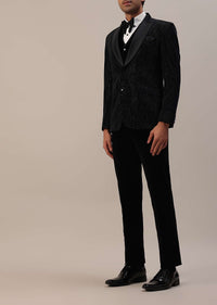 Black Velvet Tuxedo Set With Cut Work Embroidery