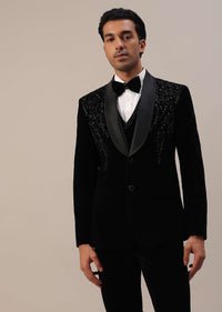 Black Micro Velvet Tuxedo Set With Cut Work Detailing