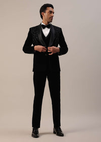 Black Micro Velvet Tuxedo Set With Cut Work Detailing