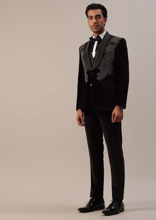 Black Crystal Handwork Tuxedo Set In Velvet