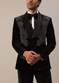 Black Crystal Handwork Tuxedo Set In Velvet