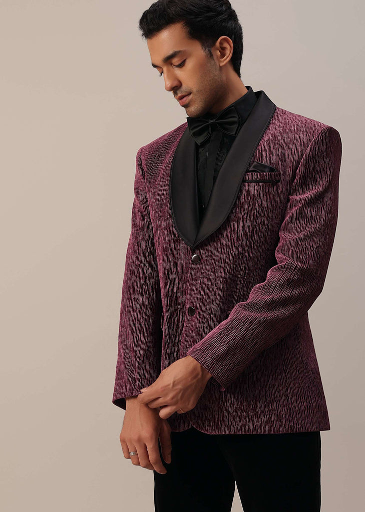 Mulberry Purple Embroidered Tuxedo Set In Velvet