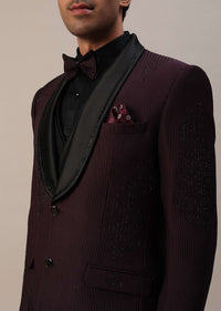 Plum Purple Stone Studded Tuxedo Set In Polyester