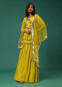 Yellow Embroidered Lehenga Set With Peplum Top In Georgette