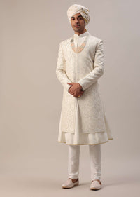 Ivory White Machine Embroidered Sherwani Set In Silk