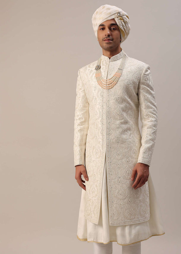 Ivory White Machine Embroidered Sherwani Set In Silk