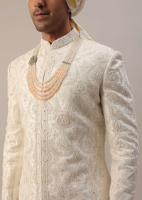 Ivory White Machine Embroidered Sherwani Set In Silk