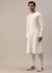 Ivory White Machine Embroidered Sherwani Set In Silk