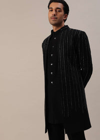 Black Embroidered Indowestern In Suiting Fabric