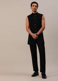 Black Embroidered Indowestern In Suiting Fabric