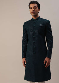 Teal Green Sherwani Set With Thread And Sequins Embroidery