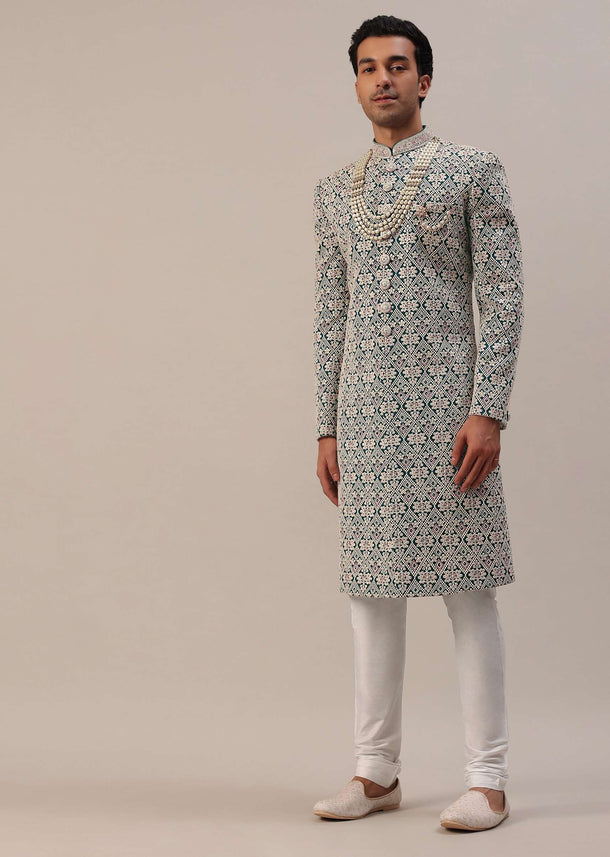 Teal Green Embroidered Sherwani Set With Layered Mala