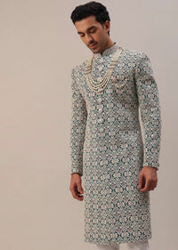 Teal Green Embroidered Sherwani Set With Layered Mala