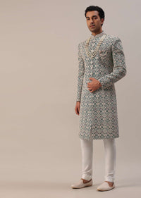 Teal Green Embroidered Sherwani Set With Layered Mala