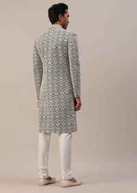 Teal Green Embroidered Sherwani Set With Layered Mala