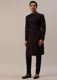 Cherry Red Embroidered Sherwani Set In Velvet