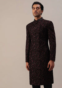 Cherry Red Embroidered Sherwani Set In Velvet