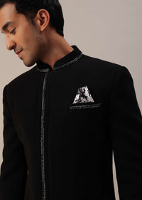 Black Cut Dana Embroidered Indowestern In Suiting Fabric