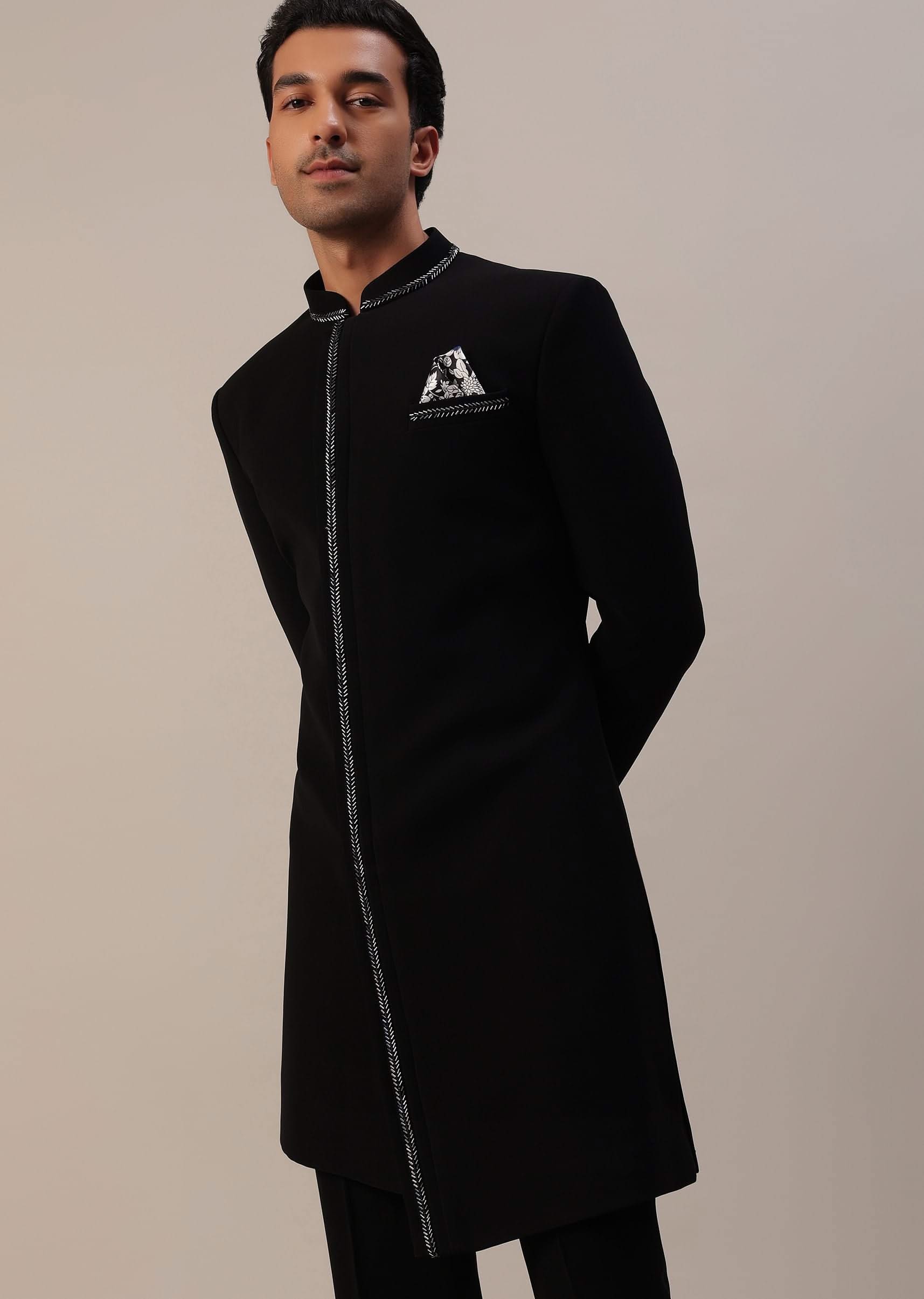 Black Cut Dana Embroidered Indowestern In Suiting Fabric