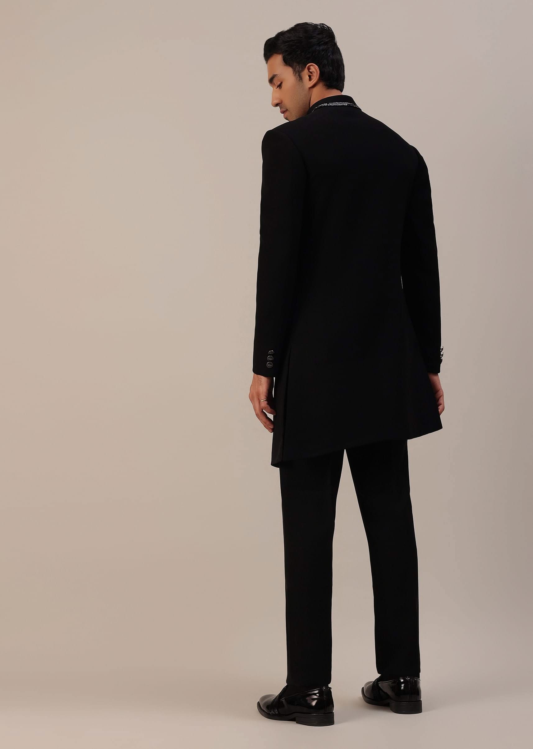 Black Cut Dana Embroidered Indowestern In Suiting Fabric