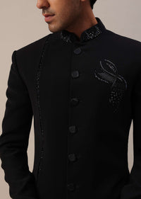 Black Indowestern In Suiting Fabric With Cut Dana Embroidery