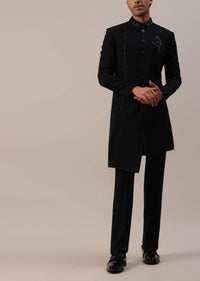 Black Indowestern In Suiting Fabric With Cut Dana Embroidery