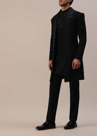 Black Cut Dana And Sequins Embroidered Indowestern In Suiting Fabric