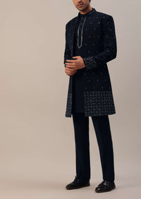 Navy Blue Cut Work Embroidered Indowestern In Suiting