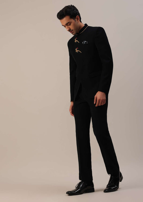 Black Indowestern In Suiting Fabric With Detailed Threadwork