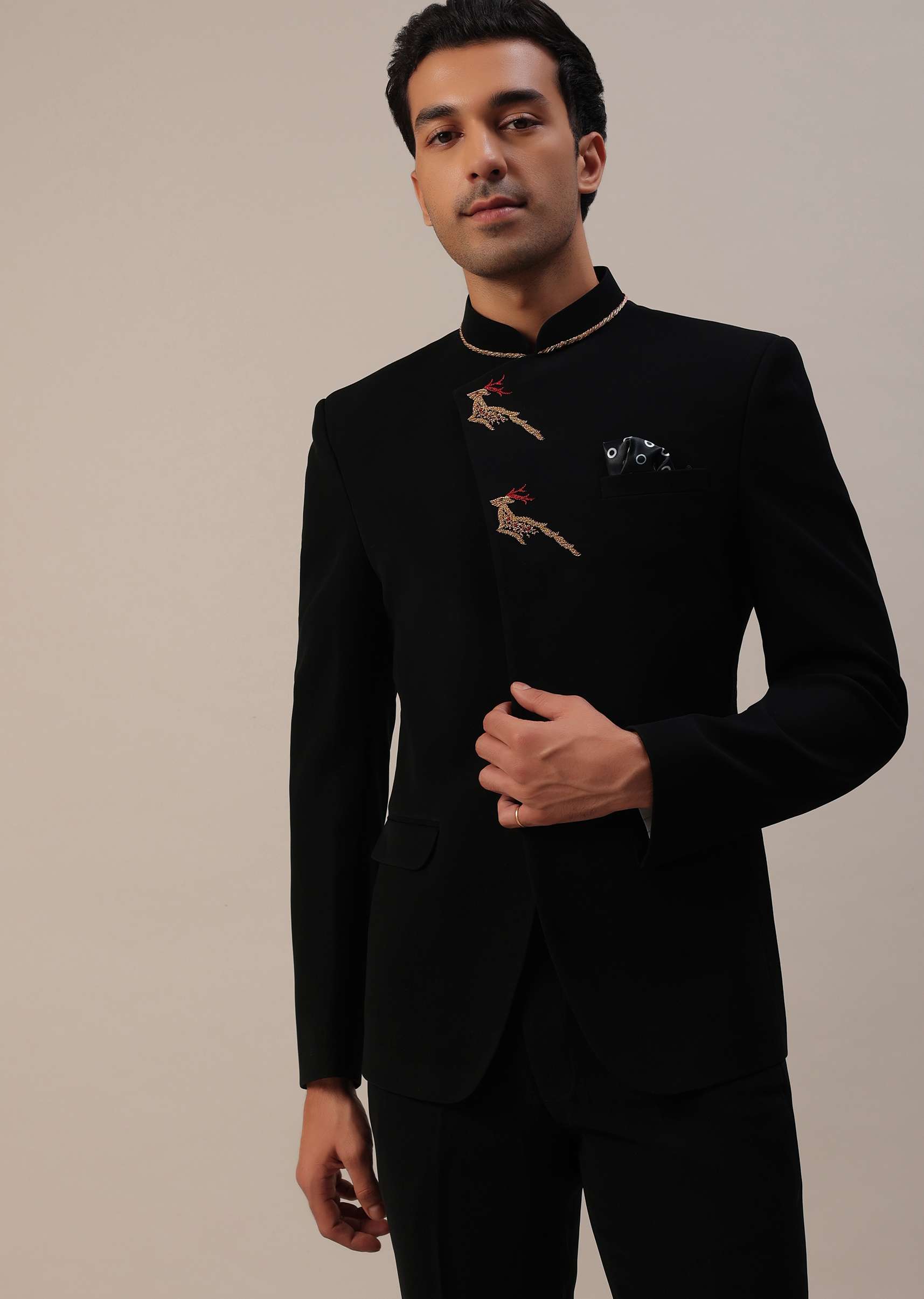 Black Indowestern In Suiting Fabric With Detailed Threadwork