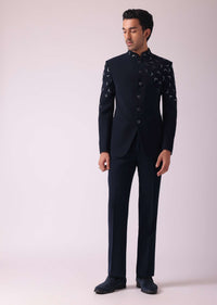 Navy Blue Embroidered Indowestern In Suiting Fabric