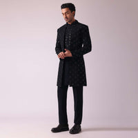 Black Cut Embroidered Indowestern In Suiting Fabric